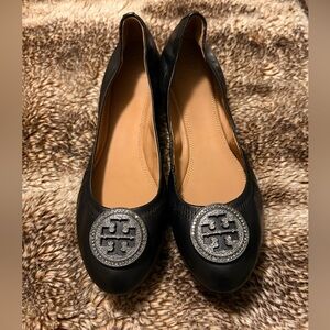 Tory Burch Black Leather Silver Logo Ballet Flats size 10.5 Crystal Medallions